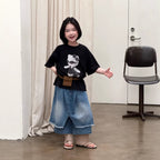 【120-160cm】不規則屁簾拼接寬腿七分牛仔褲