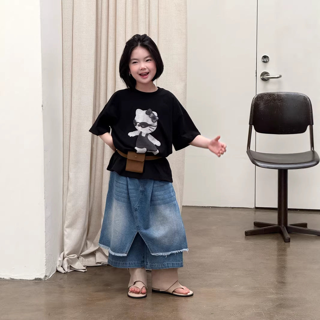 【120-160cm】不規則屁簾拼接寬腿七分牛仔褲