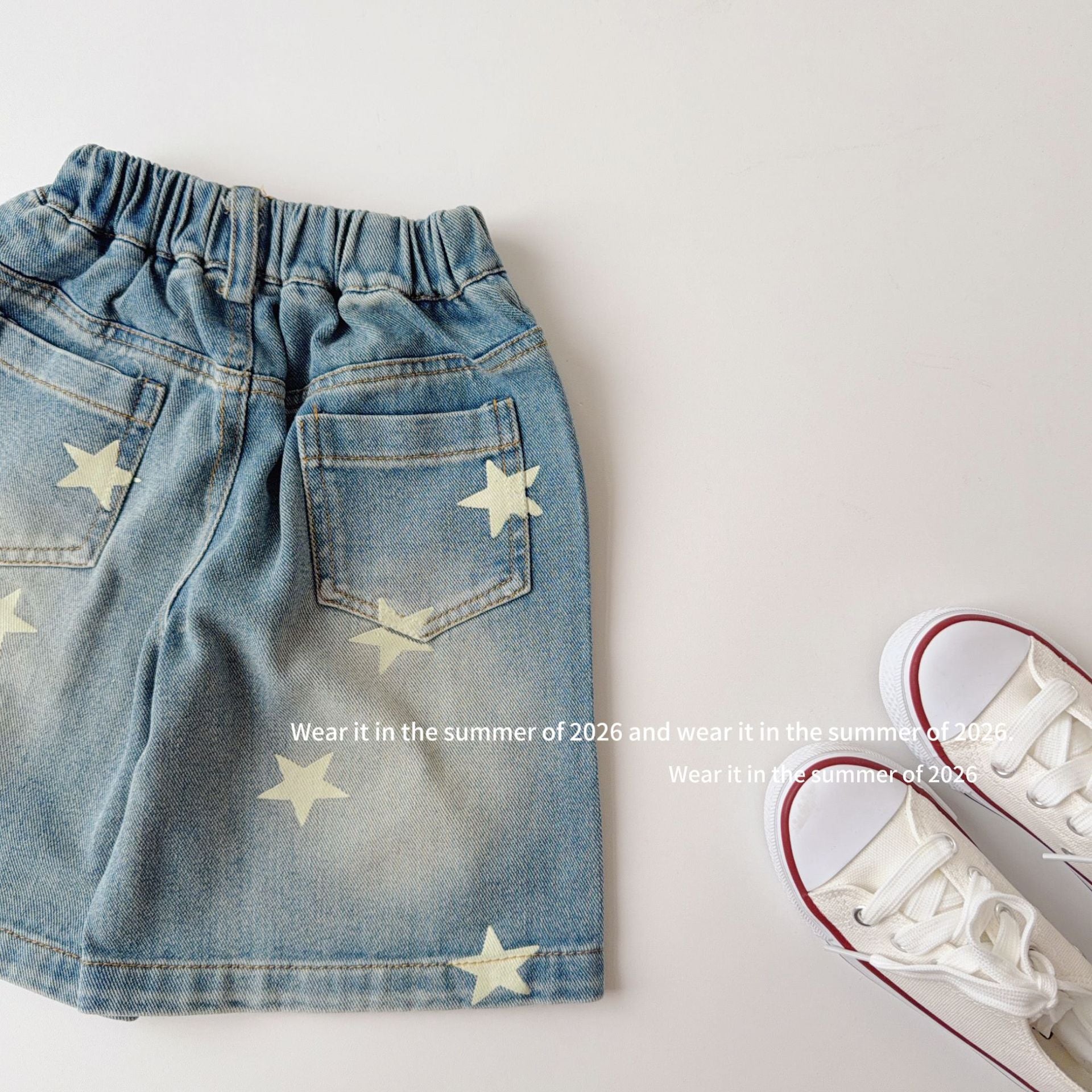 【90-150cm】復古星星印花牛仔五分中長褲