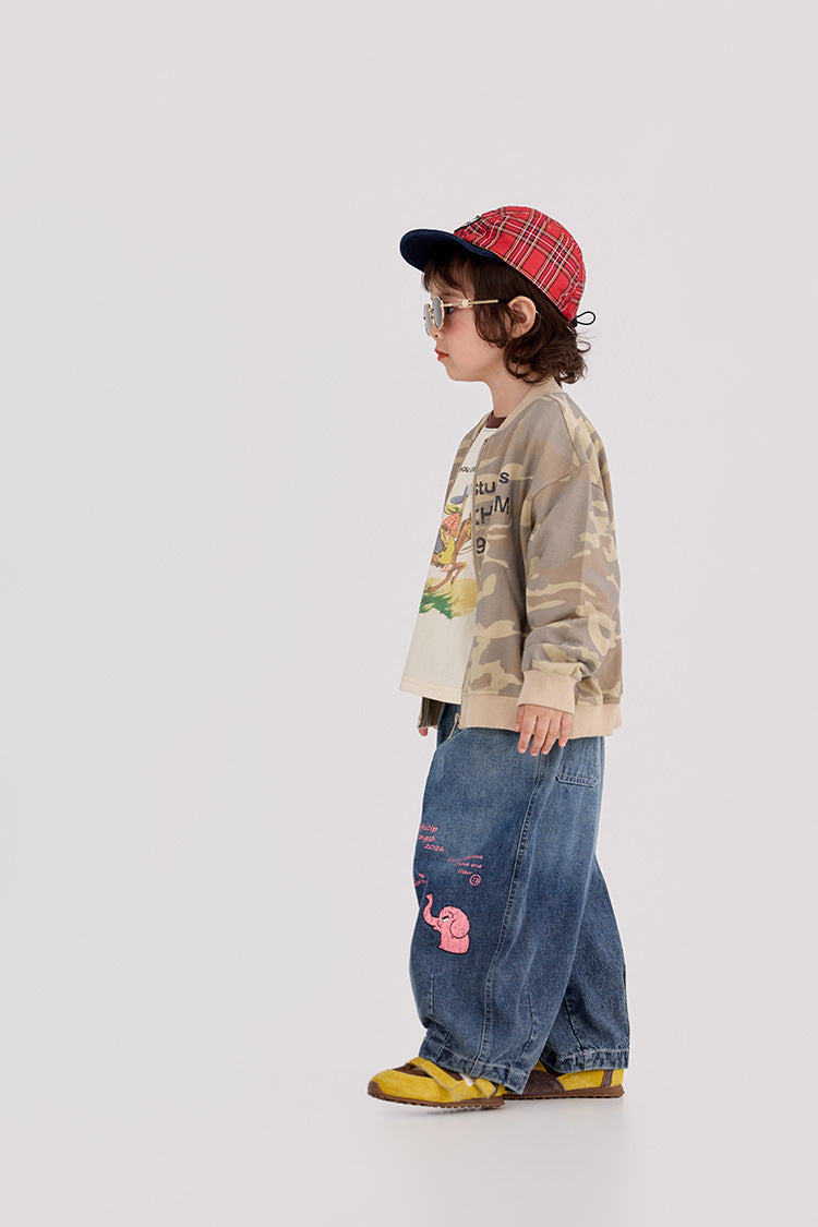 【90-150cm】迷彩條紋字母針織棒球外套