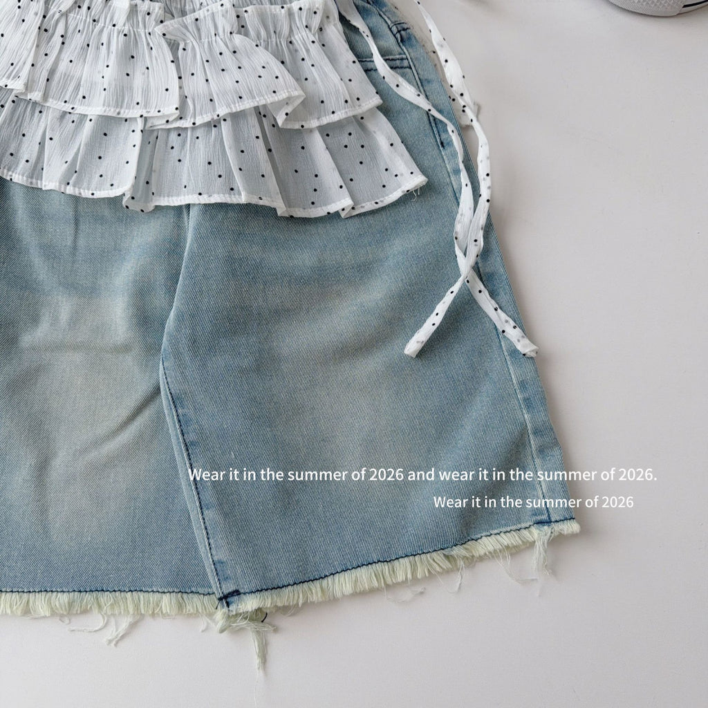 【90-150cm】韓版休閒牛仔褲(附波點屁簾)