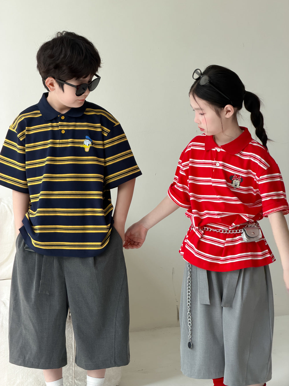 【100-160cm】韓版卡通撞色條紋polo短袖