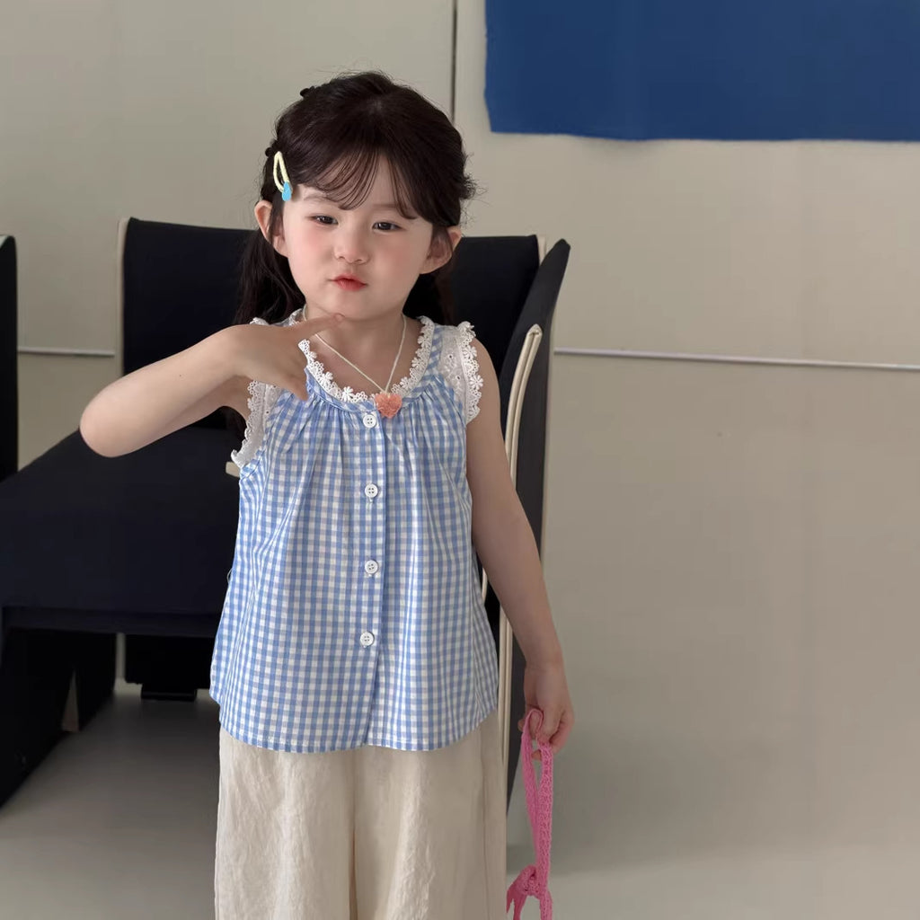 【90-140cm】格子蕾絲拼接背心