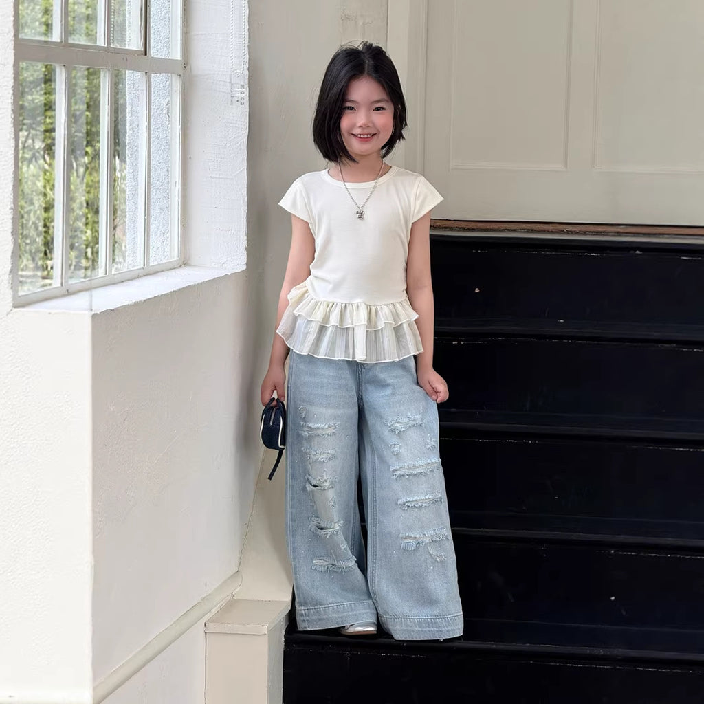 【120-160cm】破洞鑽牛仔直筒褲