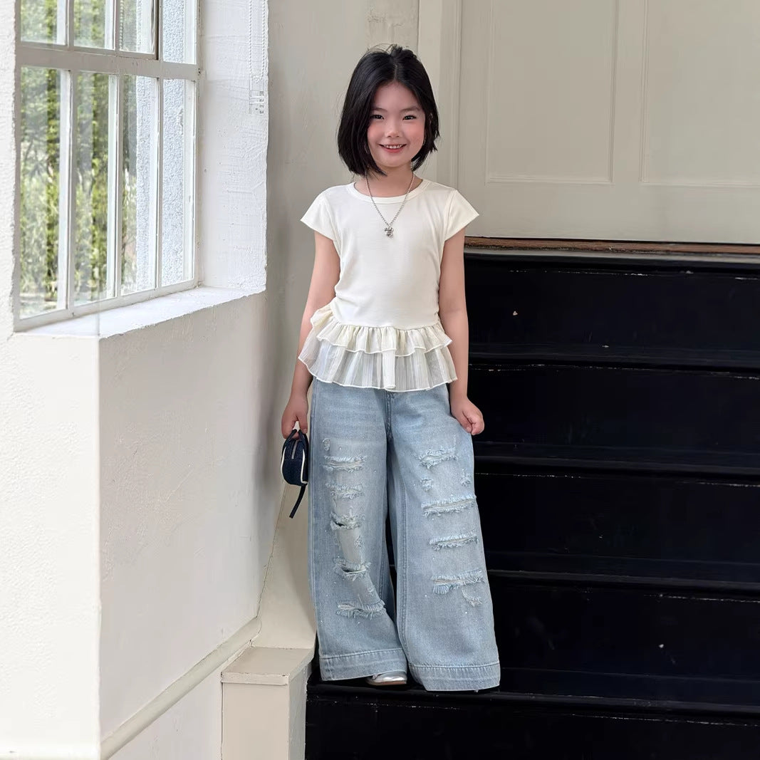 【120-160cm】破洞鑽牛仔直筒褲