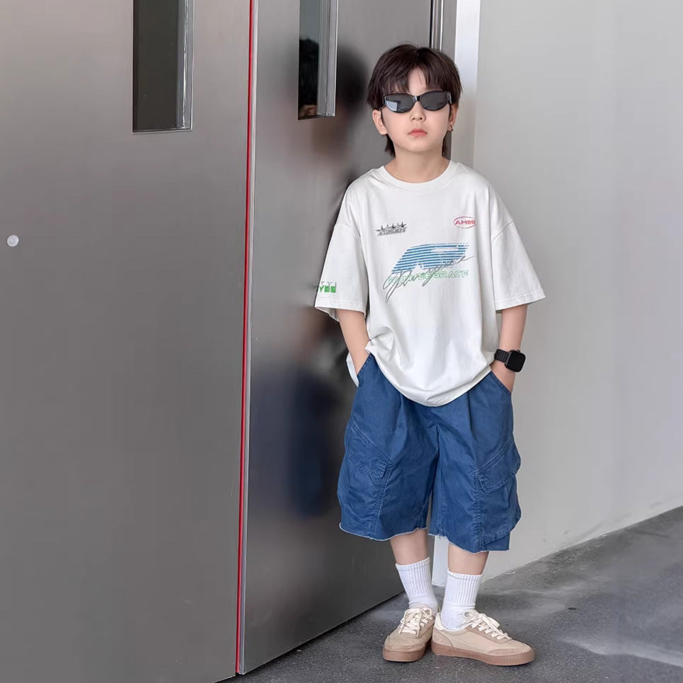 【100-170cm】砂洗全棉個性毛邊牛仔五分褲