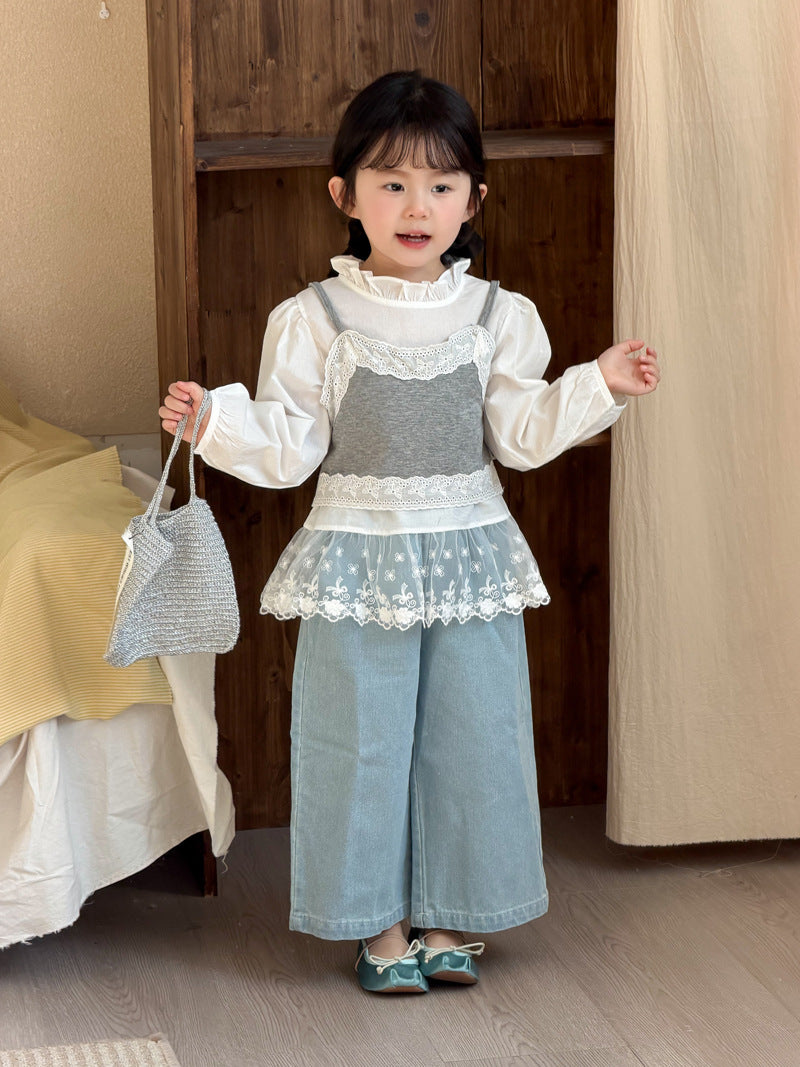 【90-140cm】小清新蕾絲花邊吊帶襯衫