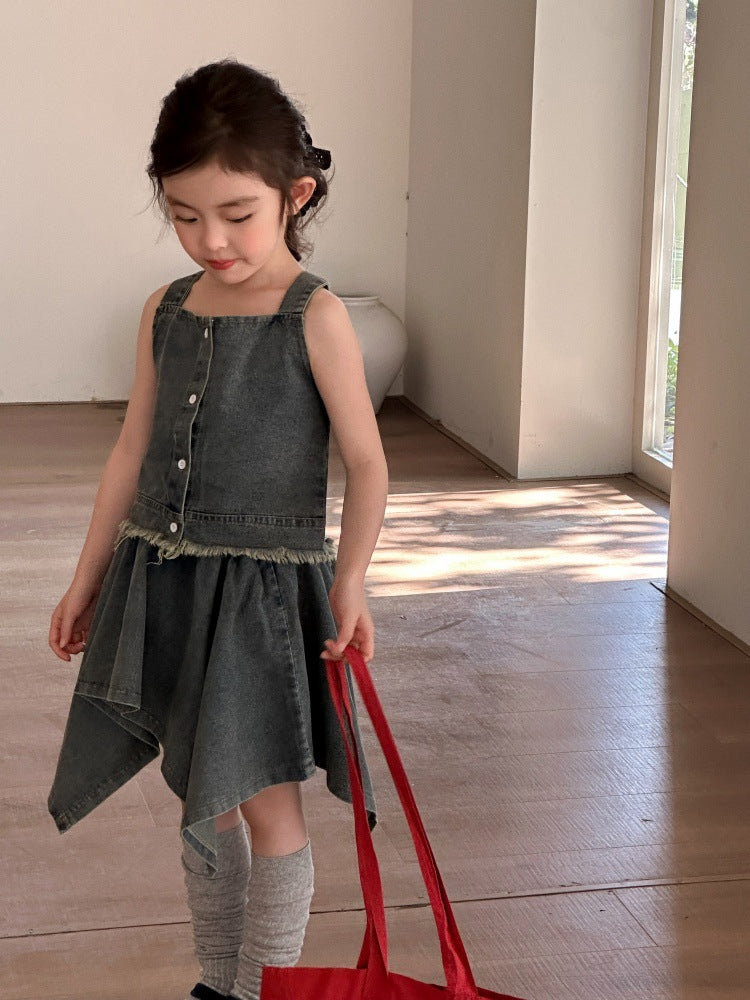 【90-150cm】設計感小眾牛仔背心不規則半身裙褲套裝
