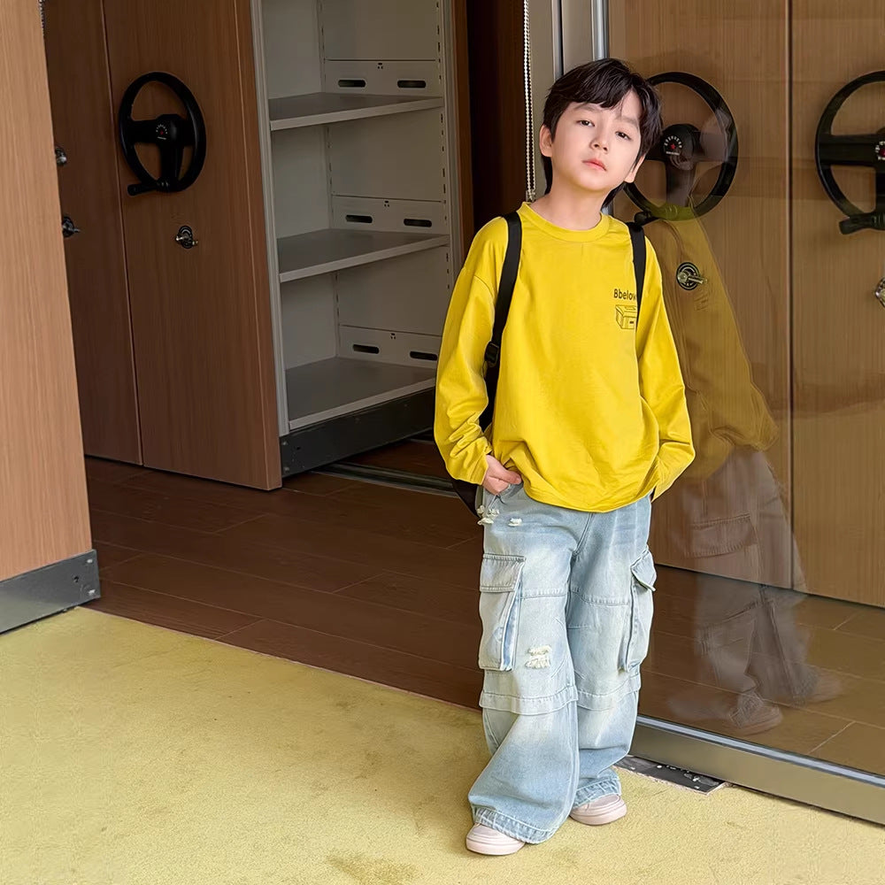 【100-170cm】重工砂洗破洞復古拼接直筒牛仔褲
