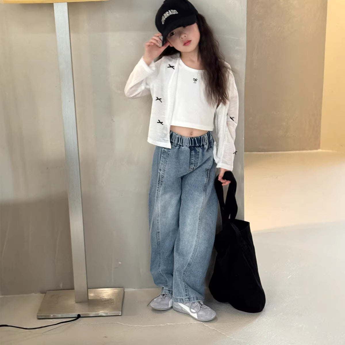 【90-150cm】拼槓牛仔褲寬鬆彎刀褲闊腿