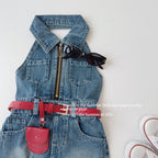 【90-150cm】【送包包皮帶】復古露背掛脖無袖翻領拉鍊高腰連身裙