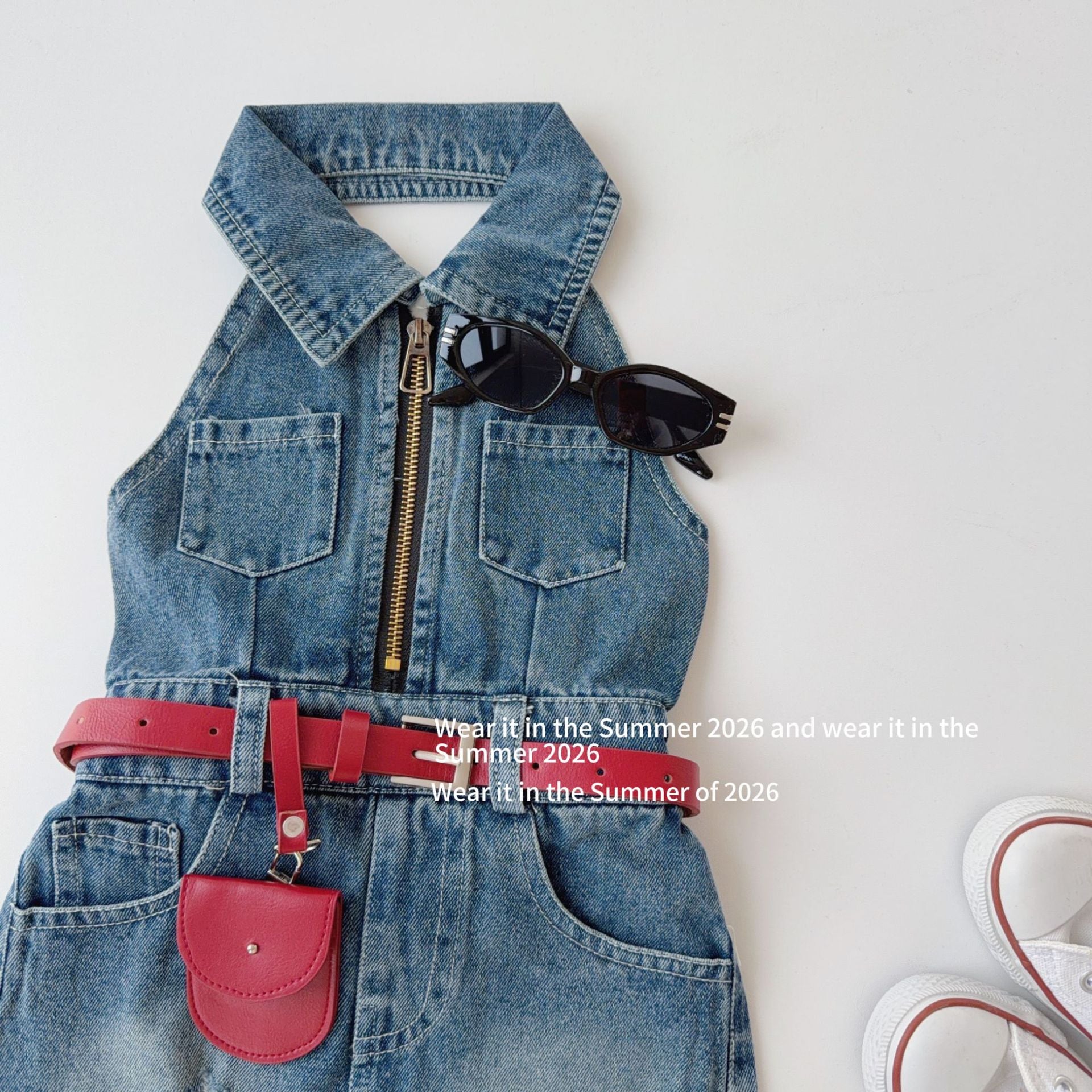 【90-150cm】【送包包皮帶】復古露背掛脖無袖翻領拉鍊高腰連身裙