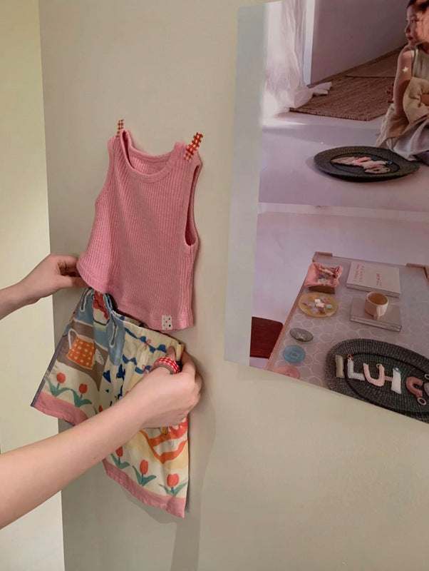 【90-140cm】坑條背心兒童彈性無袖上衣打底衫 | 印花半裙