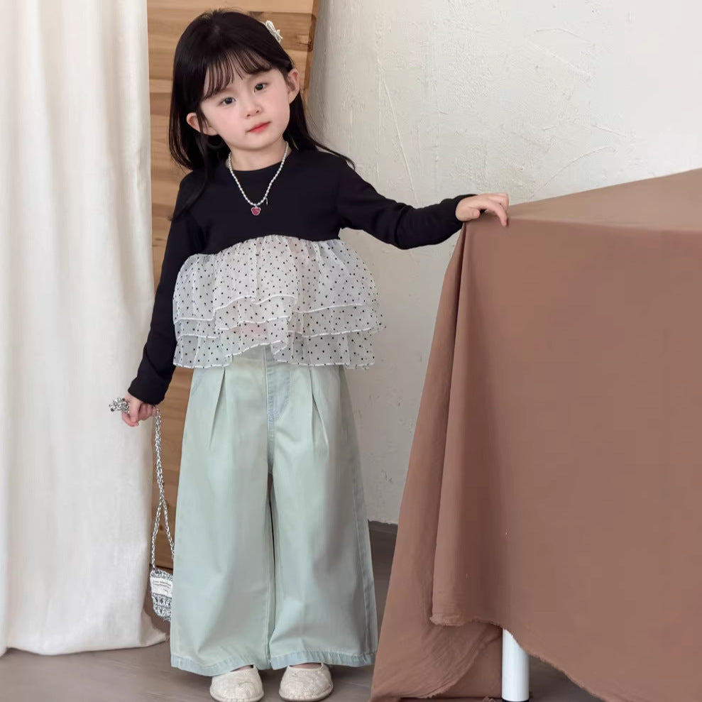 【90-140cm】(2色)波點網紗拼接公主蓬蓬裙上衣