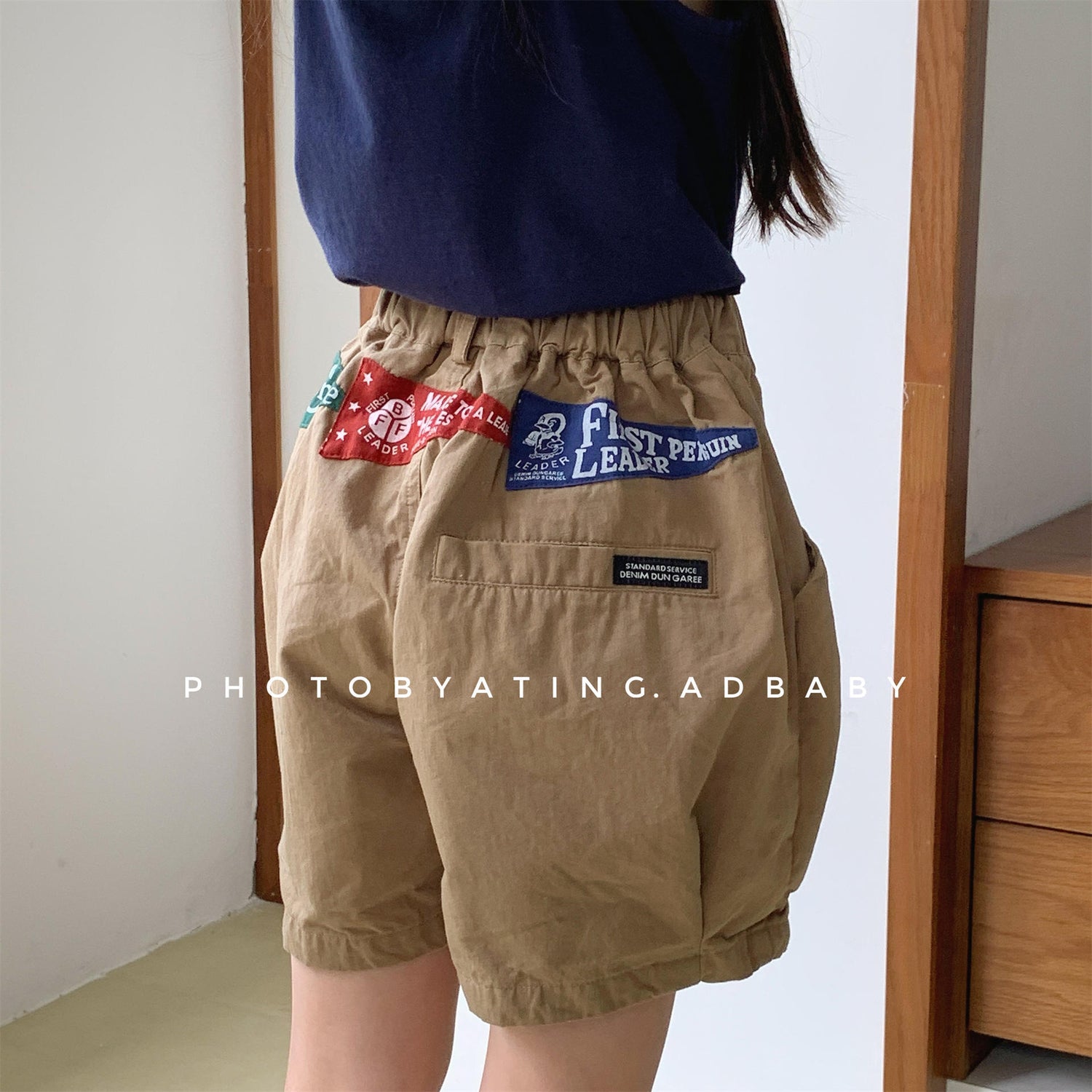 【80-130cm】3色-美式貼布休閒短褲