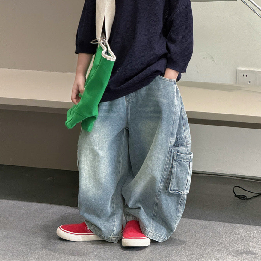 【100-160cm】韓系休閒彎刀牛仔褲