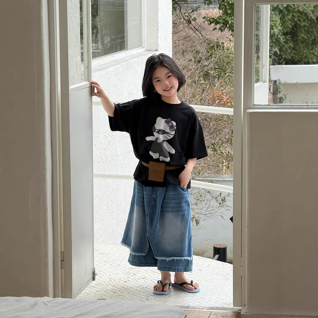 【120-160cm】不規則屁簾拼接寬腿七分牛仔褲