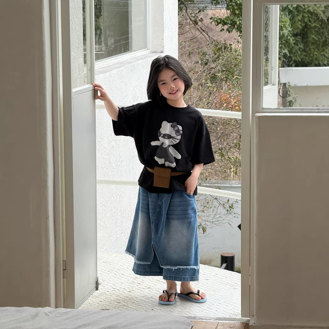 【120-160cm】不規則屁簾拼接寬腿七分牛仔褲