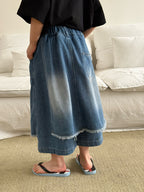 【120-160cm】不規則屁簾拼接寬腿七分牛仔褲