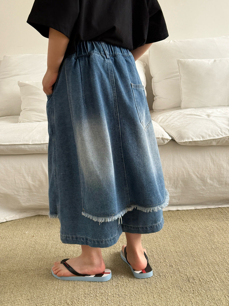 【120-160cm】不規則屁簾拼接寬腿七分牛仔褲