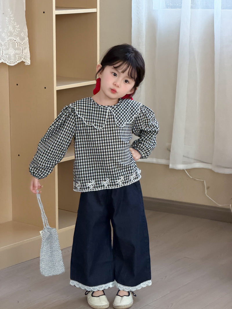 【90-140cm】重工刺繡格子襯衫