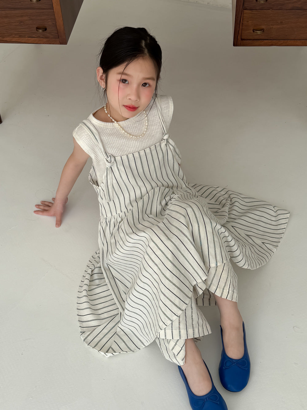 【100-160cm】韓版豎條紋背心套裝