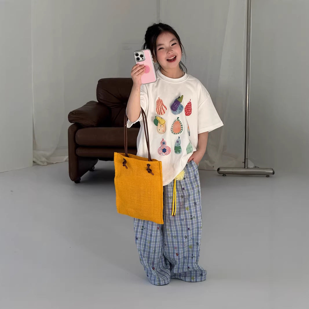 【120-160cm】星星格子寬鬆直筒褲