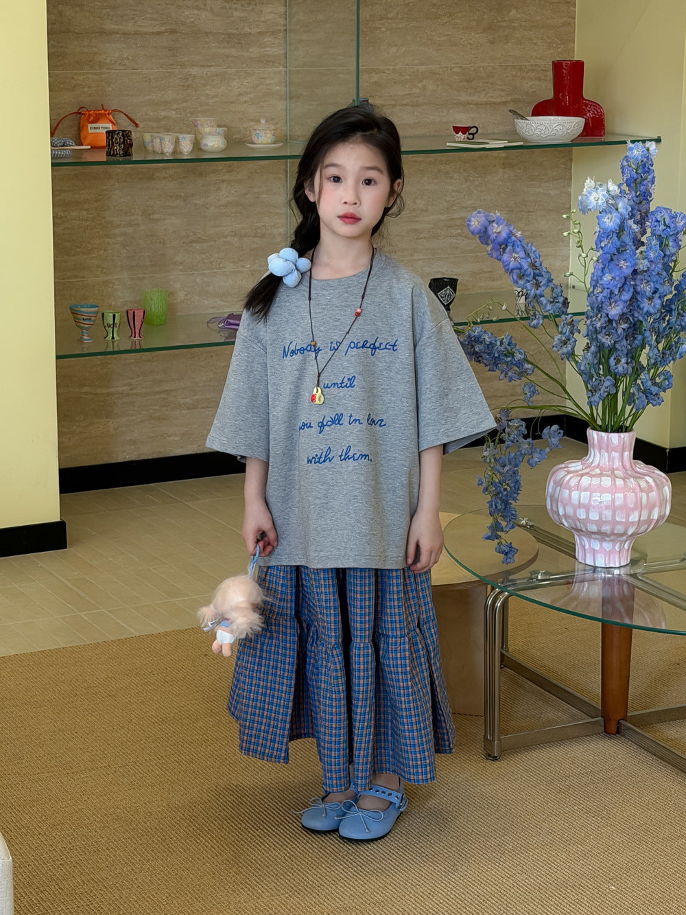 【100-160cm】休閒字母T｜格子半身裙