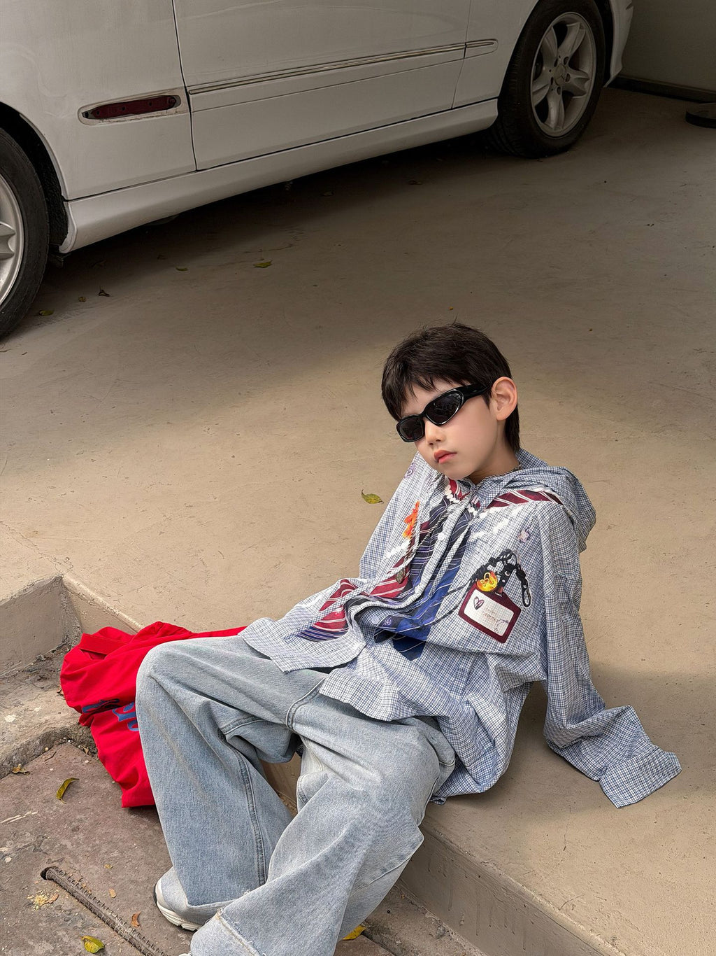 【90-160cm】韓版寬鬆休閒印花連帽襯衫