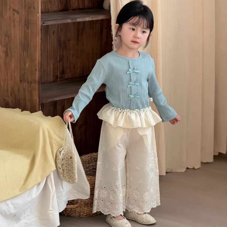 【90-140cm】韓版蕾絲刺繡棉布直筒褲