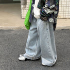 【90-160cm】韓版休閒翻邊水洗軟牛仔褲