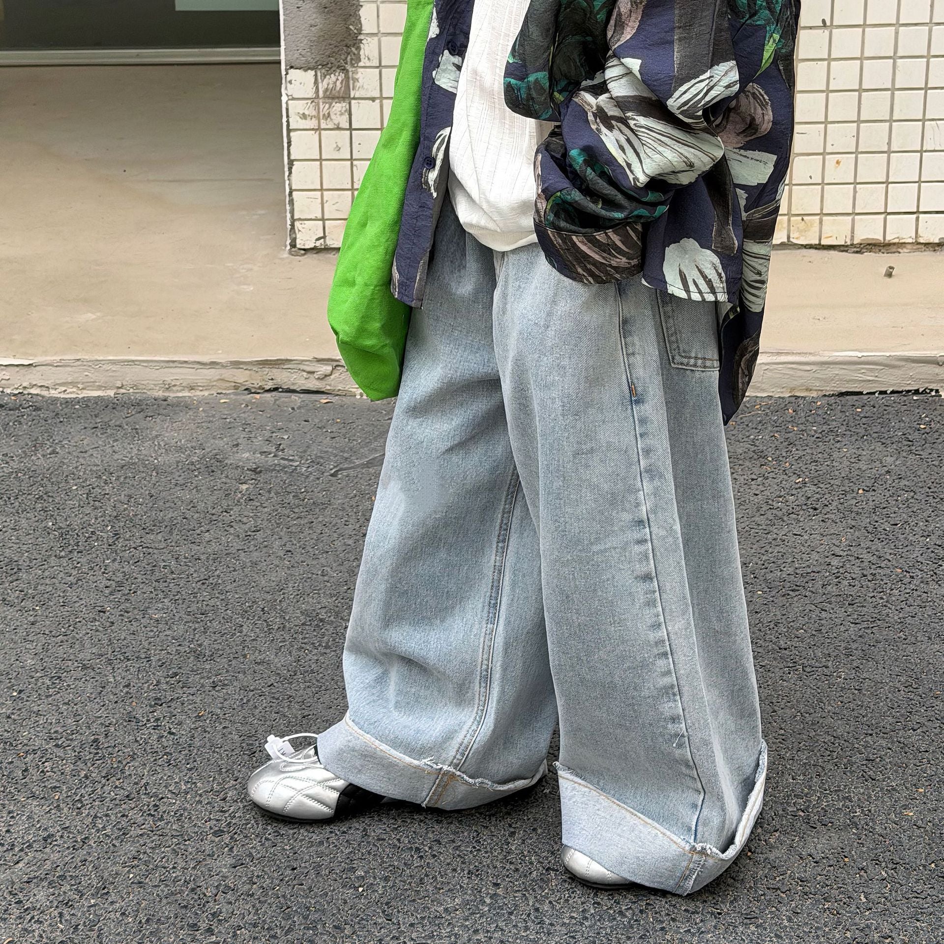 【90-160cm】韓版休閒翻邊水洗軟牛仔褲