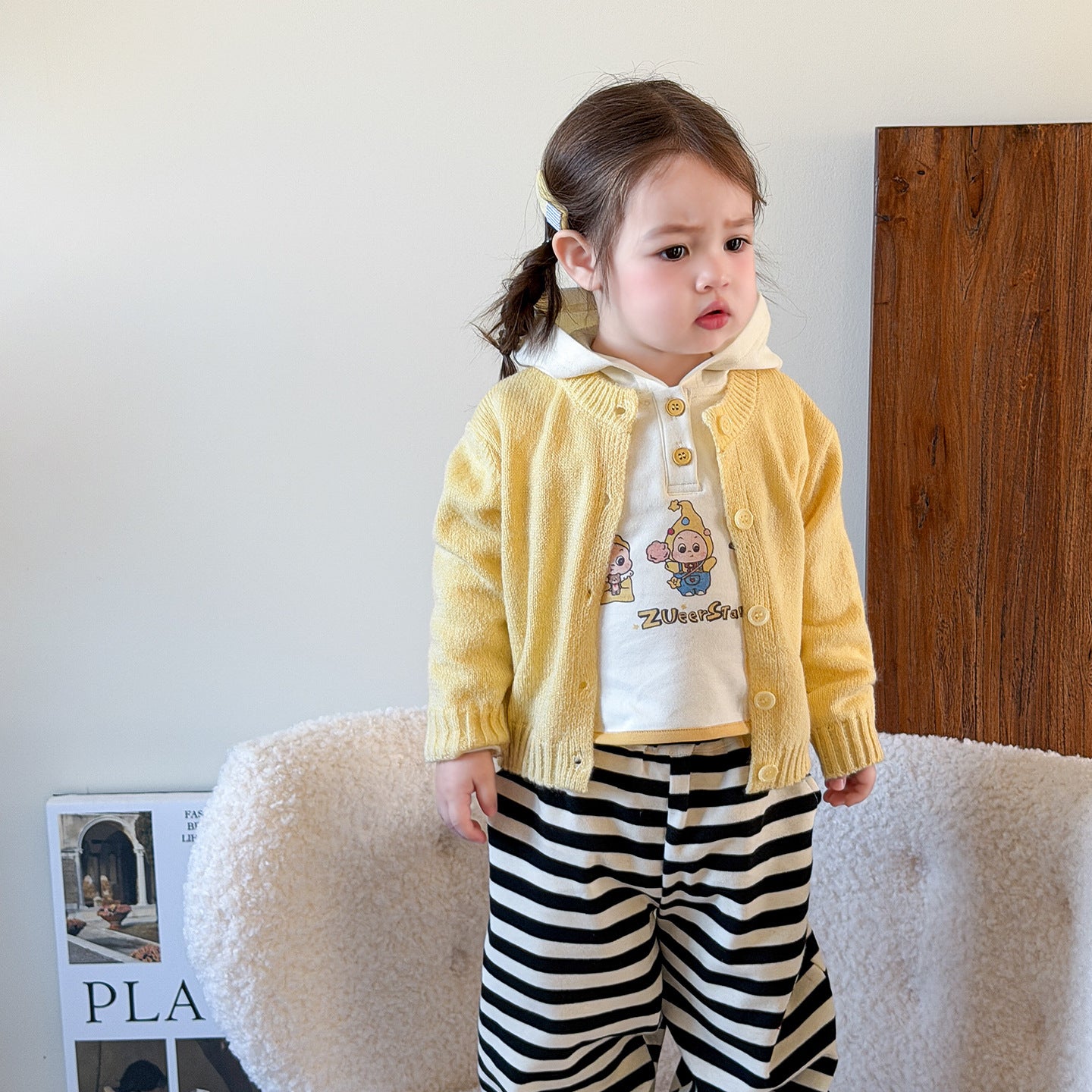 【73-110cm】星星連帽長袖 | 黃色針織開衫 | 條紋束腳褲