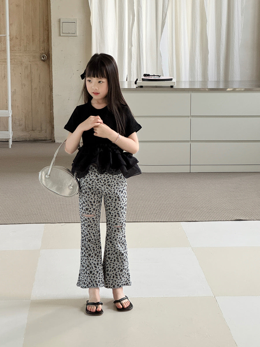 【100-150cm】韓版豹紋破洞喇叭褲