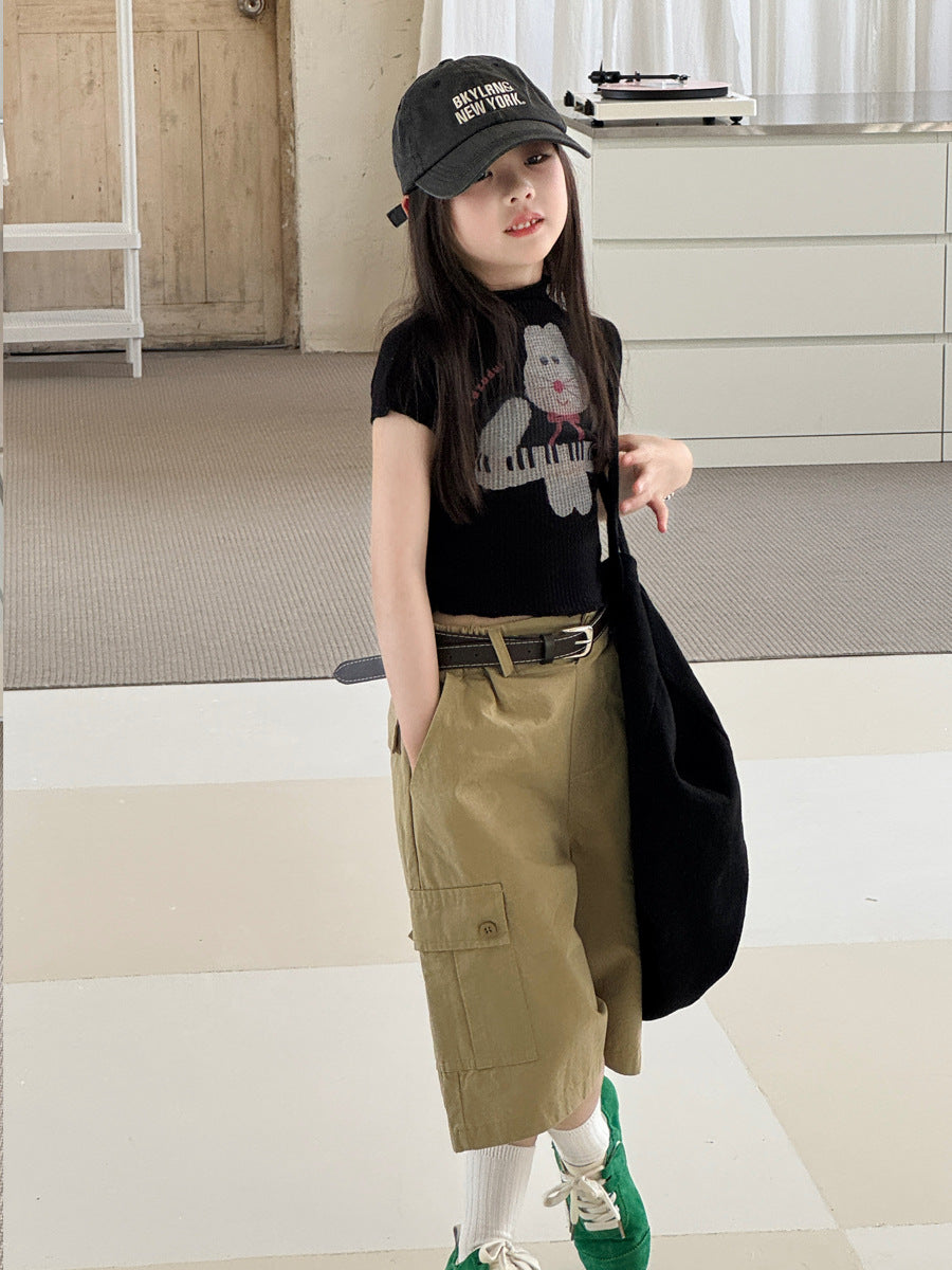 【100-150cm】卡其工裝休閒七分褲(附皮帶)