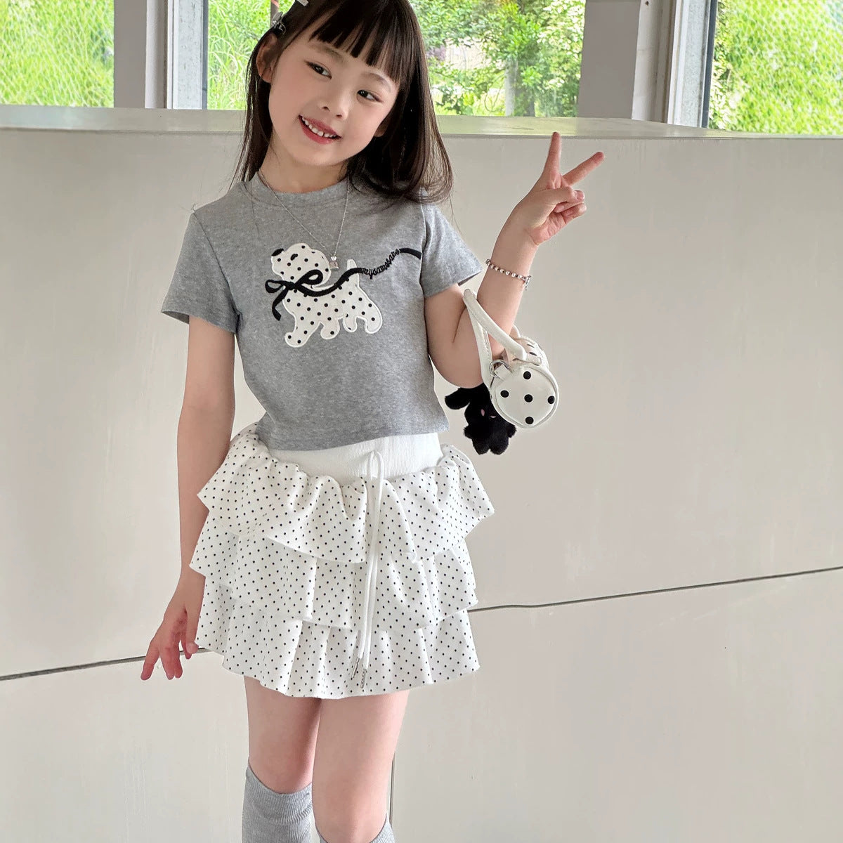 【100-150cm】蝴蝶結波點小狗T