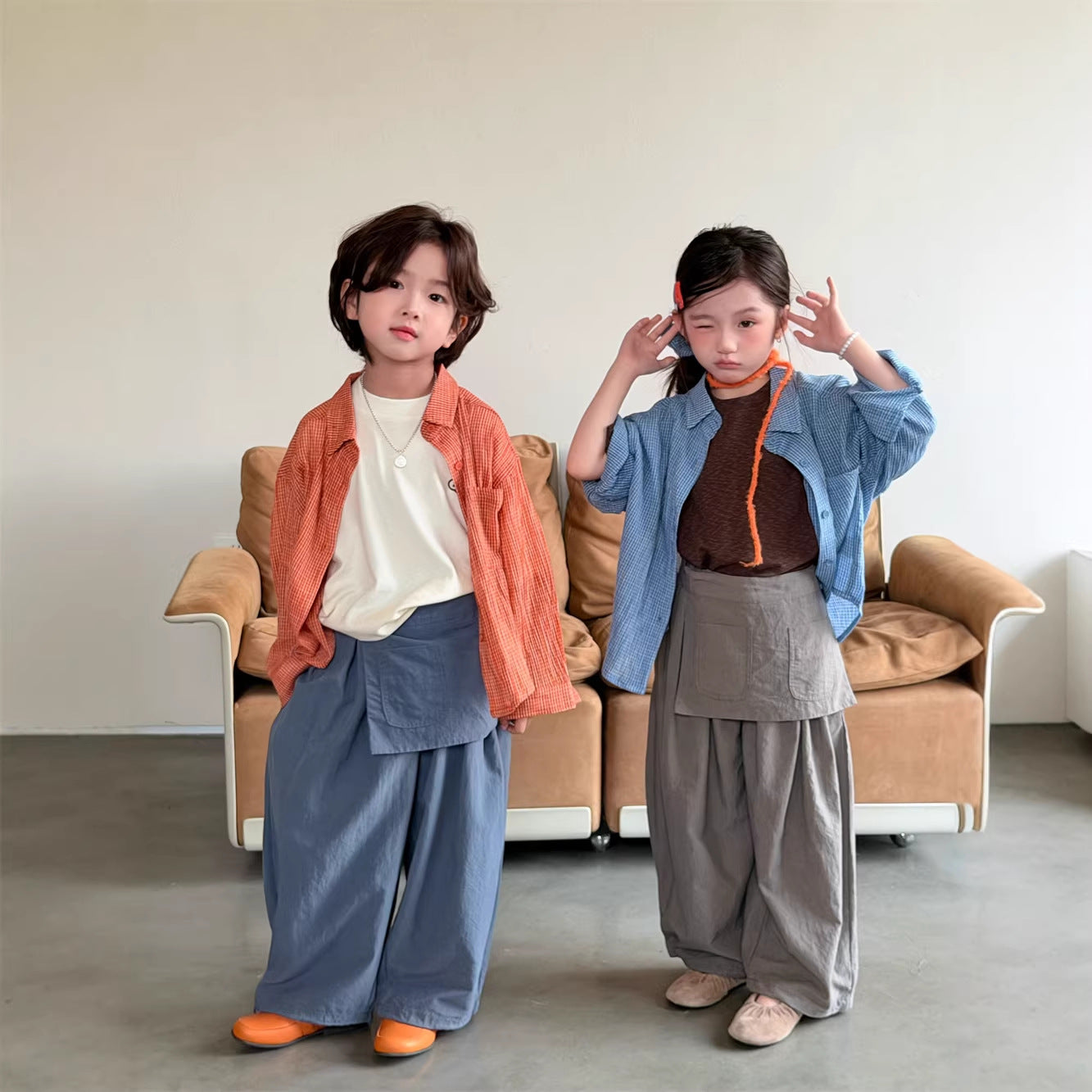 【90-150cm】韓版翻領細格子襯衫