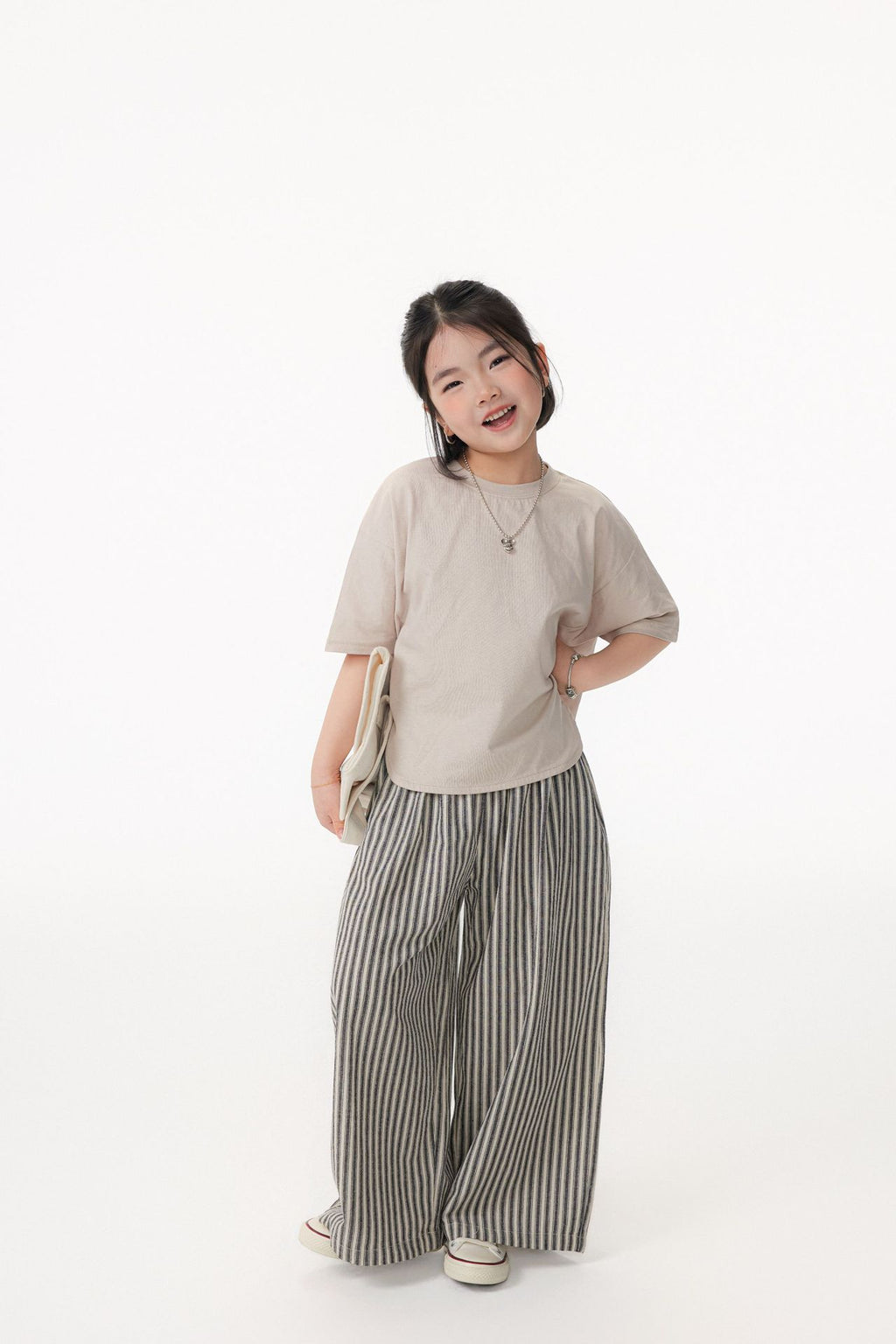 【90-150cm / M.L】【親子裝】日系花苞腰條紋寬褲