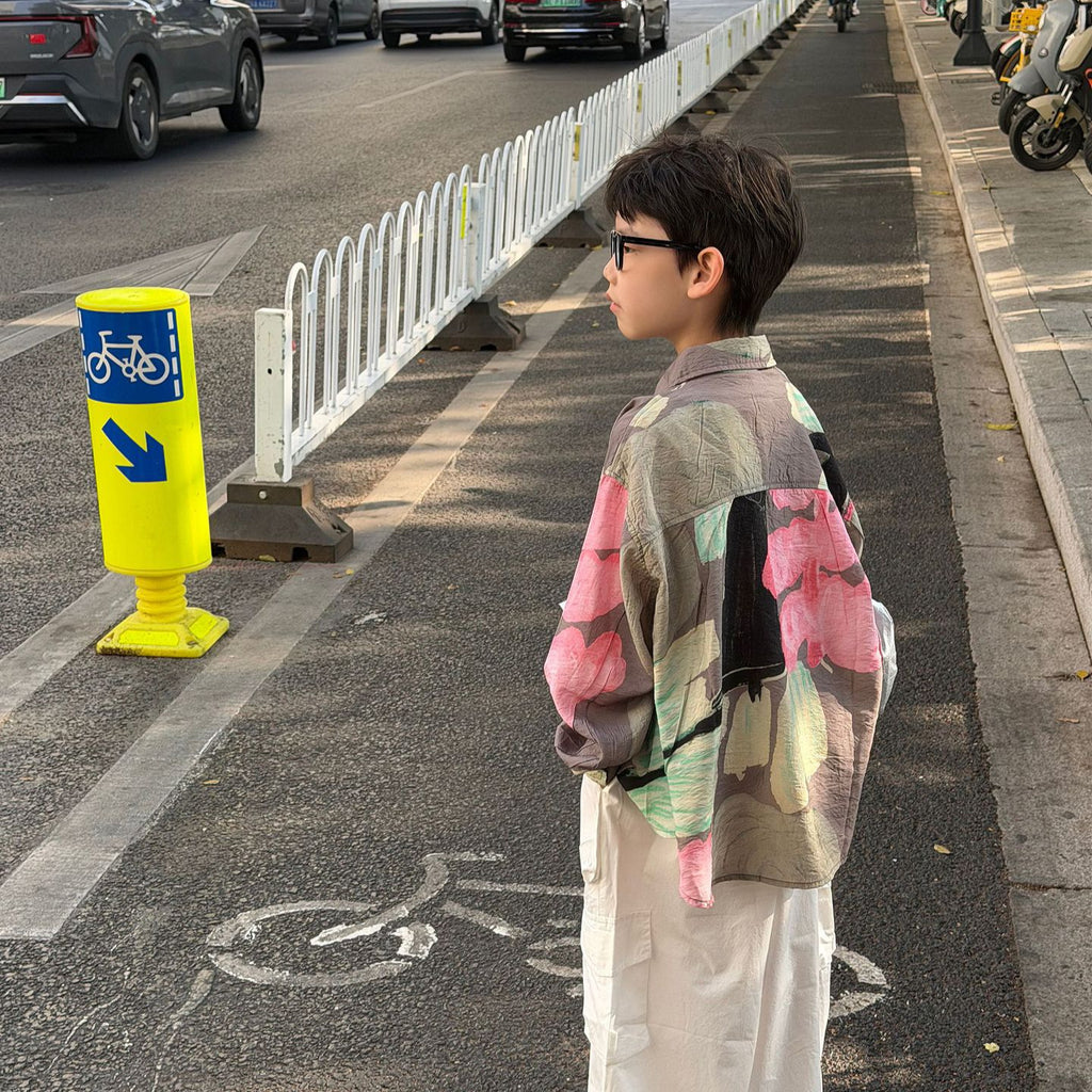 【90-160cm】韓版撞色花慵懶風防曬襯衫