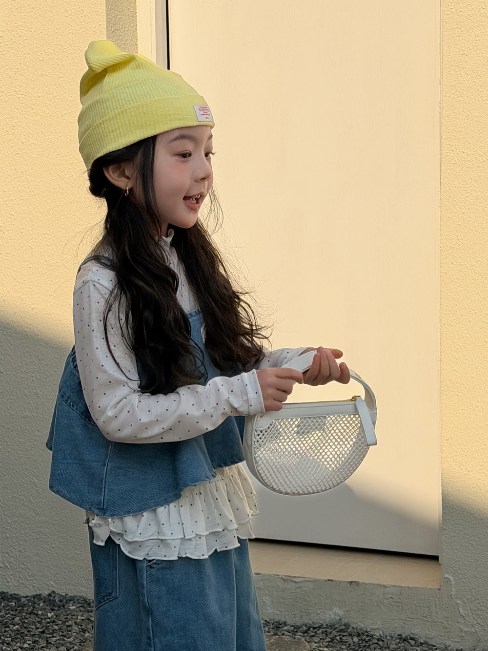 【100-160cm】貼標吊帶牛仔套裝 | 波點花邊打底衫