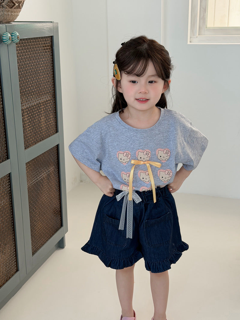 【90-140cm】韓版蝴蝶結貓短袖