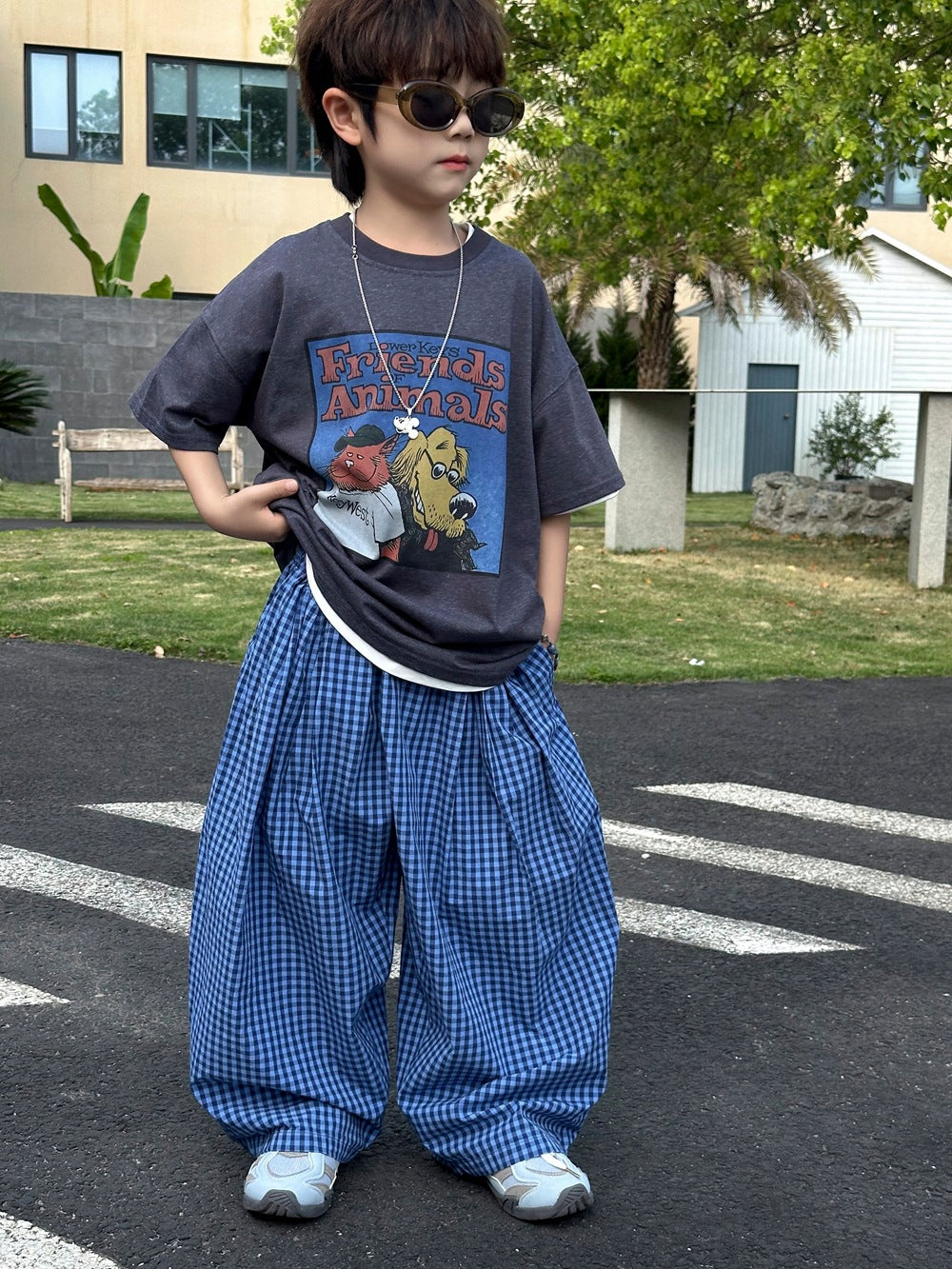 【100-160cm】藍格子寬鬆九分蘿蔔褲