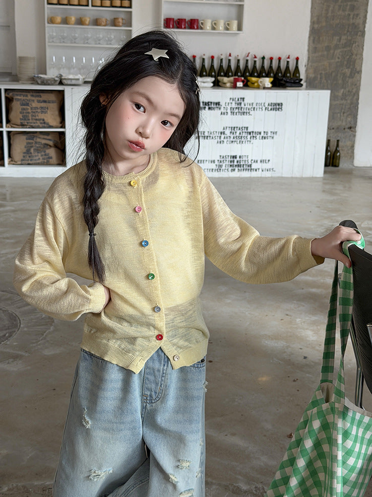 【100-170cm】3色-韓系竹節麻針織彩扣防曬外套