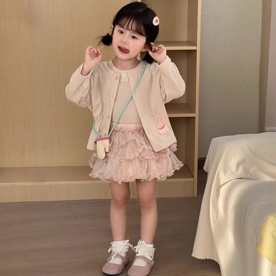 【90-140cm】透氣舒適針織開襟衫背心套裝 | 紗裙