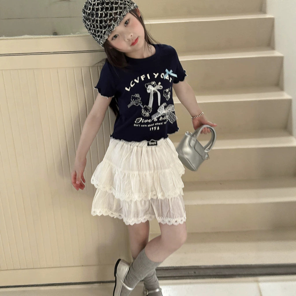 【100-150cm】甜美蕾絲蝴蝶結T