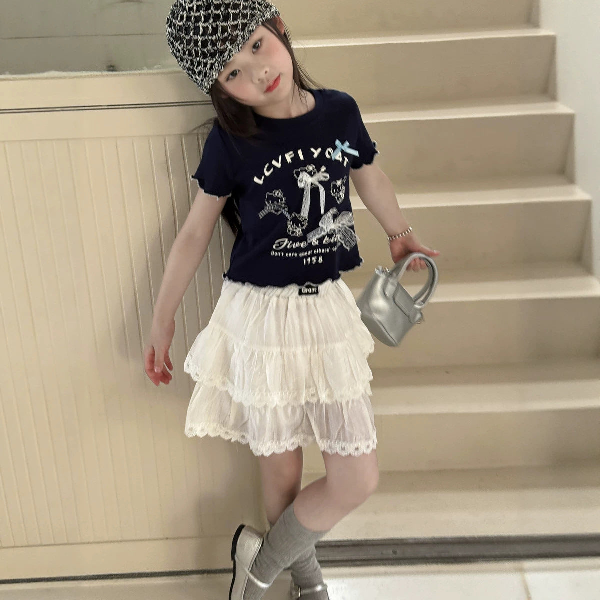【100-150cm】甜美蕾絲蝴蝶結T