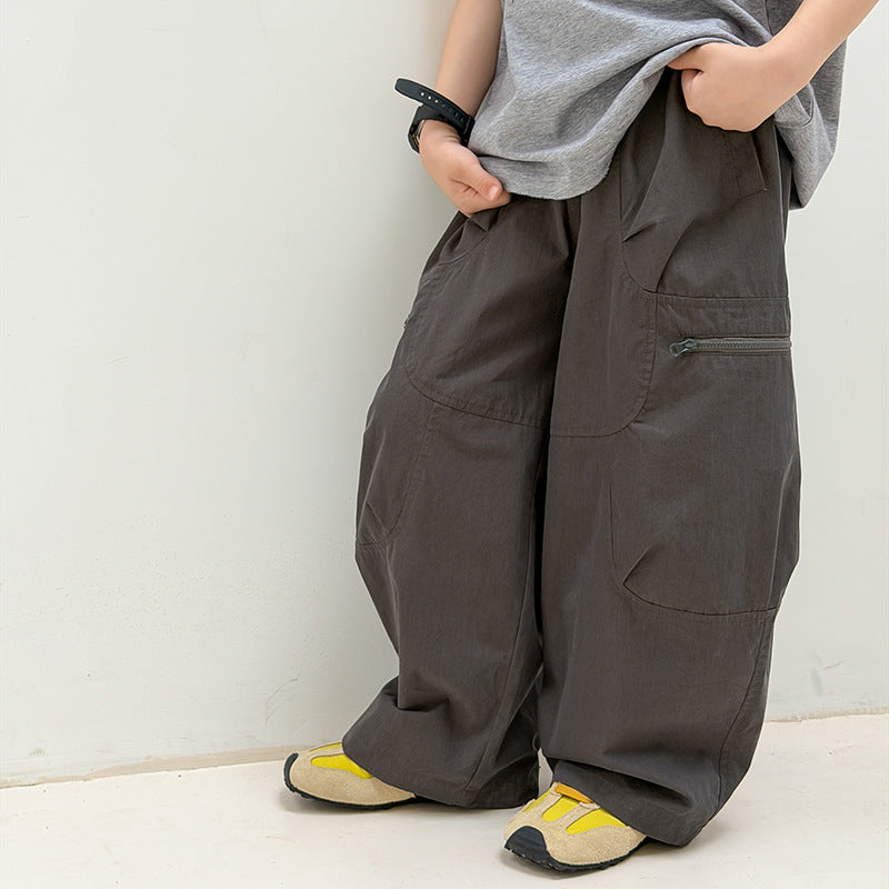 【100-170cm】(3色)山系休閒水洗棉寬鬆拼接口袋彎刀褲