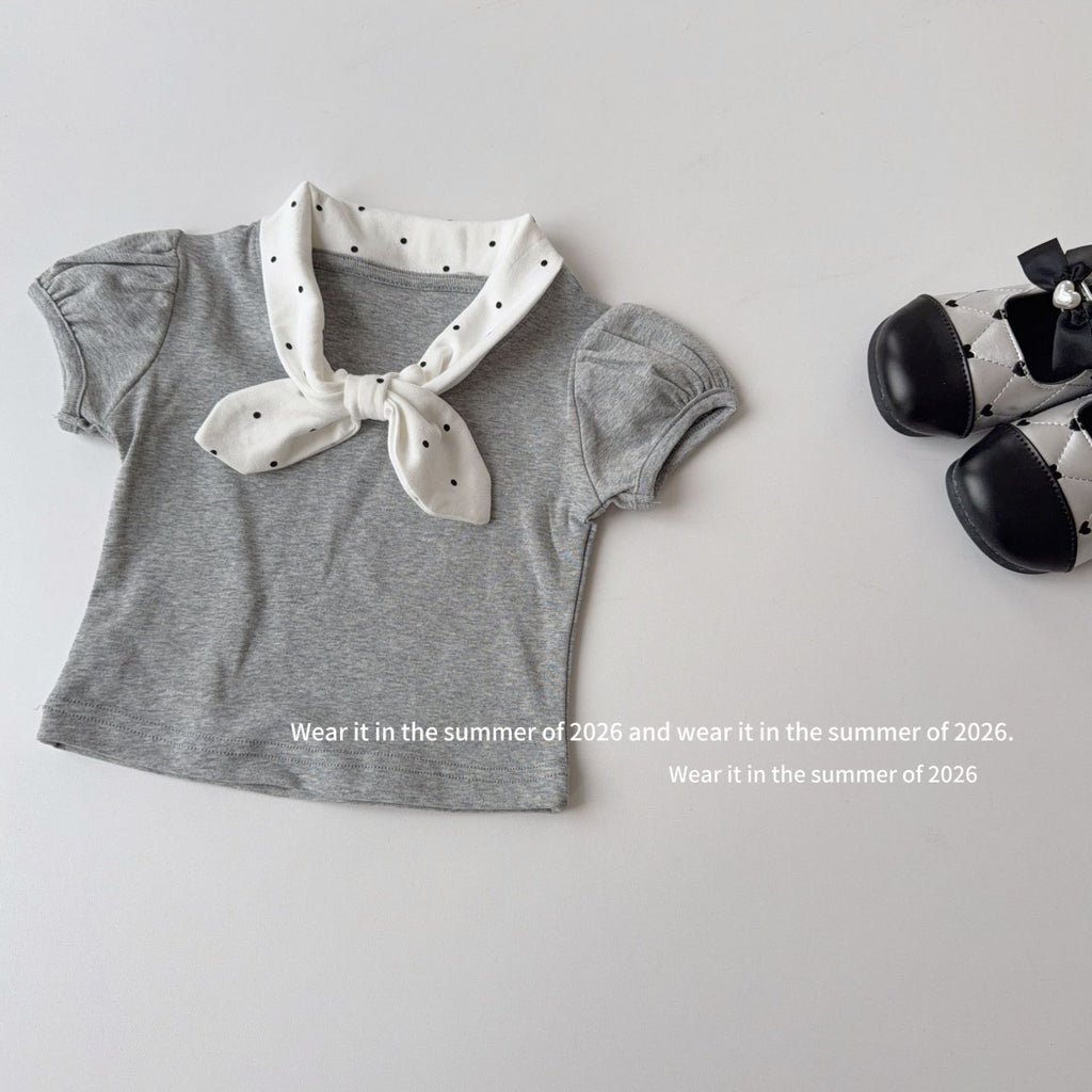 【90-150cm】復古波點蝴蝶結領短袖T