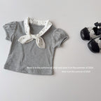 【90-150cm】復古波點蝴蝶結領短袖T