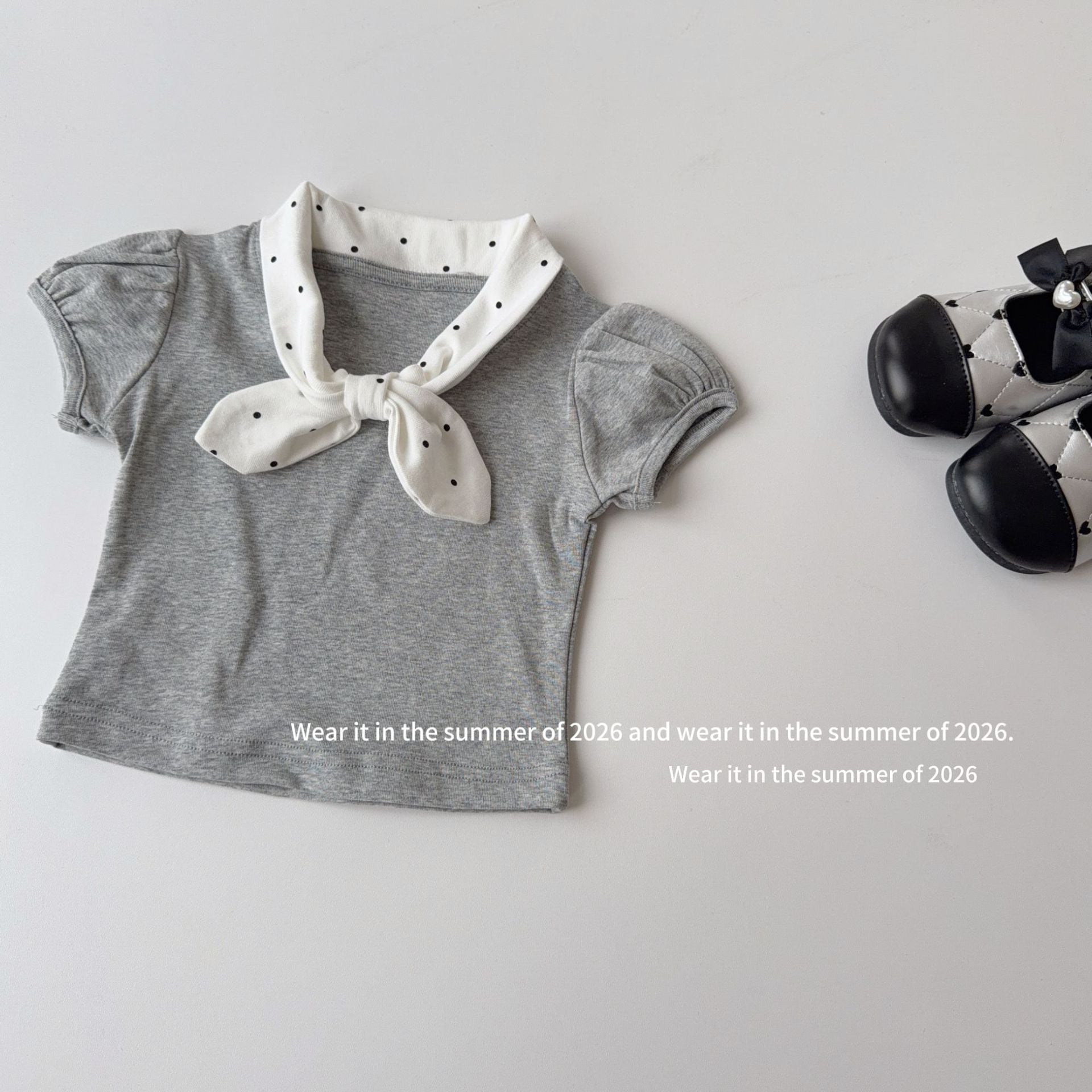 【90-150cm】復古波點蝴蝶結領短袖T